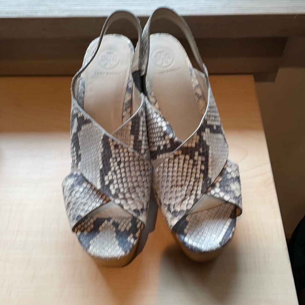 Tory Burch Snake-Print Crisscross Slingback Platform Heels in Gray and Cream